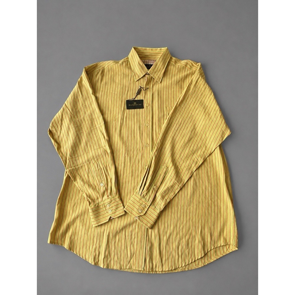 Bugatchi Uomo Men's Bright Yellow & Red Stripe Modal Casual Shirt XXL